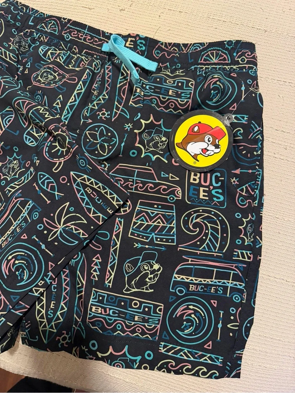 Buc-ee's Kids' Black Neon-Print Swim Trunks